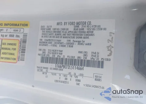 2020 Ford Mustang Gt Premium Fastback из США, поврежденный, VIN 1FA6P8CF2L5114664